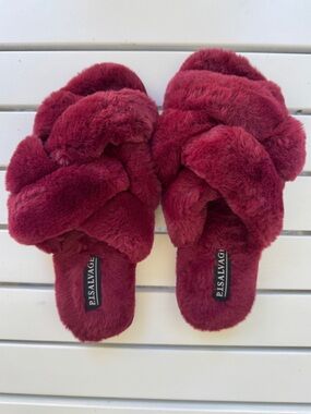 PJ Salvage Burgundy Maroon Fuzzy Red Slipper Sandals - Crossover Style